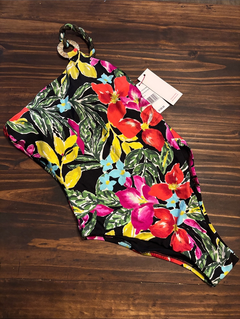 Red Carter one shoulder one piece swimsuit small new black floral